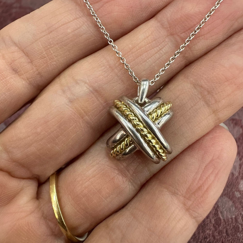 Tiffany & Co Sterling Silver and 18k Yellow Gold Signature X pendant with chain